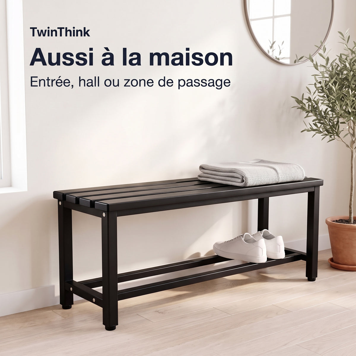 Banc de vestiaire métallique, 90×32×45 cm en noir Polar Black, dans l'entrée d'une maison