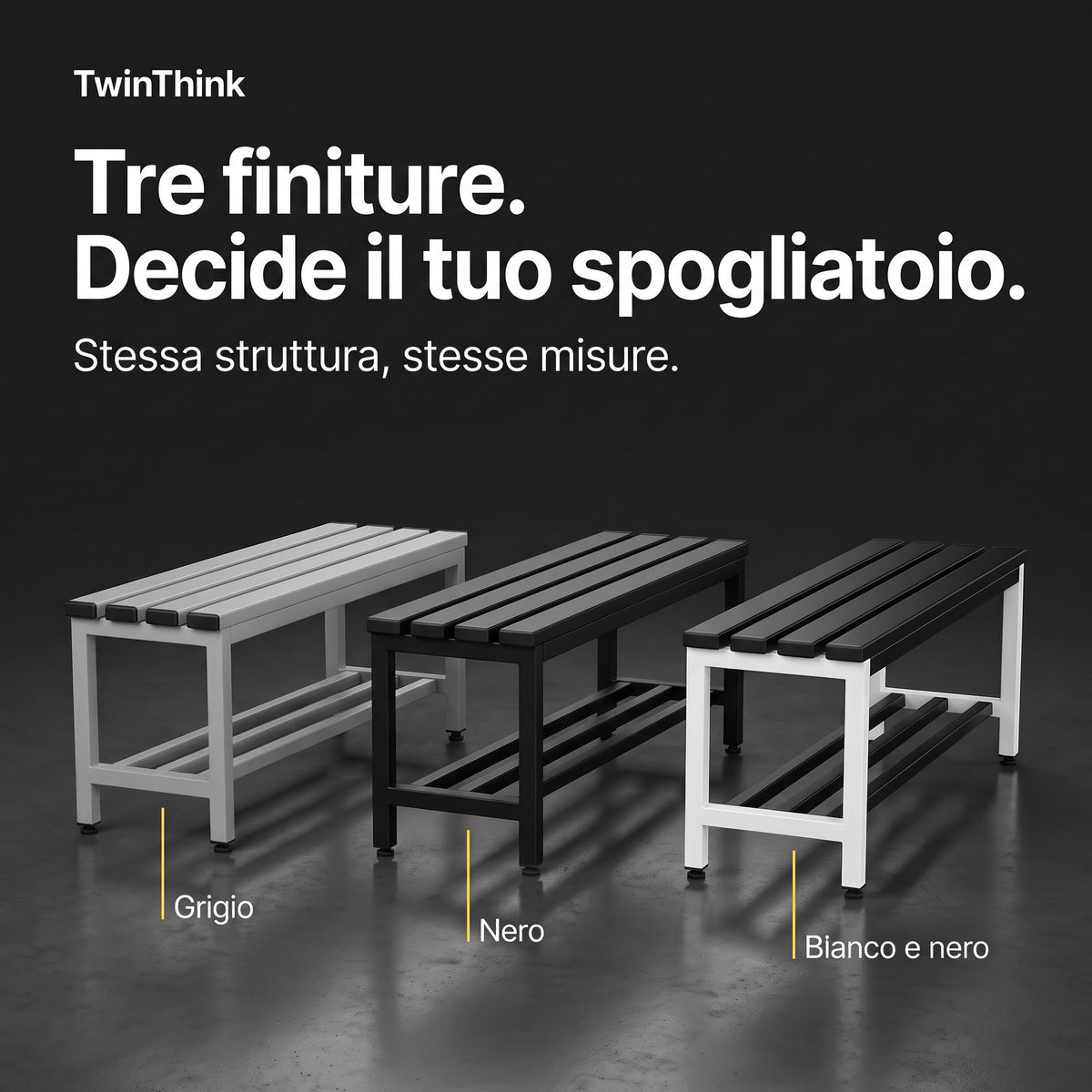 Panca da spogliatoio in metallo, 90×32×45 cm in nero Polar Black, le tre finiture: grigio, nero, bianco e nero