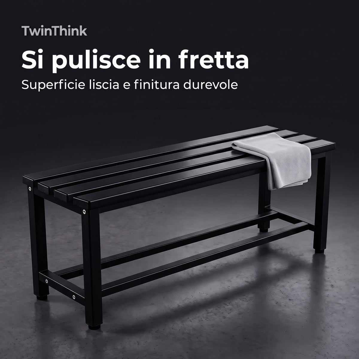 Panca da spogliatoio in metallo, 90×32×45 cm in nero Polar Black, superficie liscia che si pulisce in fretta