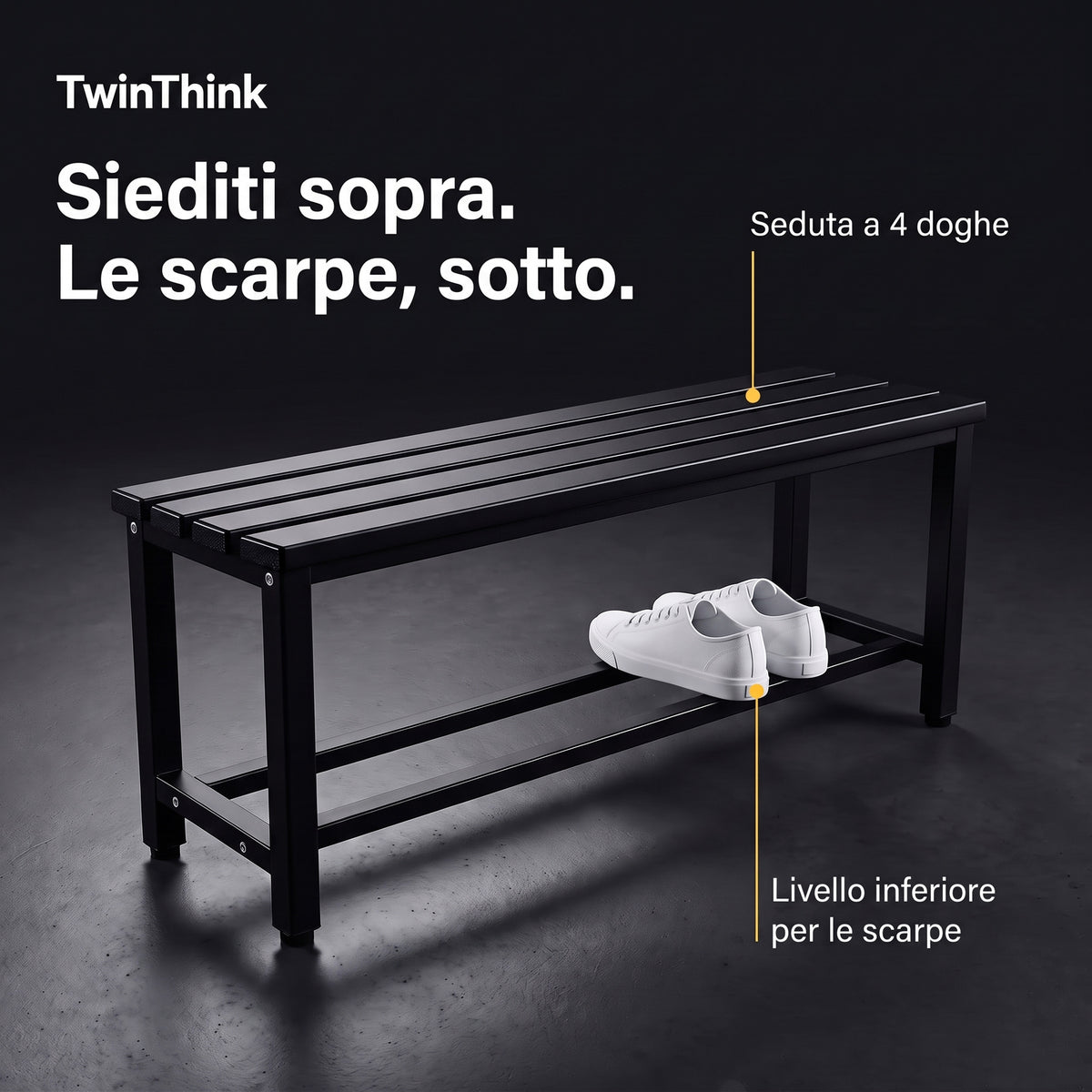 Panca da spogliatoio in metallo, 90×32×45 cm in nero Polar Black, seduta a 4 doghe e ripiano inferiore per le scarpe