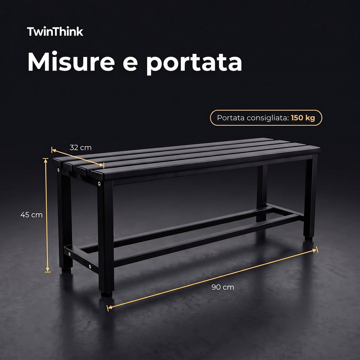 Panca da spogliatoio in metallo, 90×32×45 cm in nero Polar Black, misure e portata consigliata