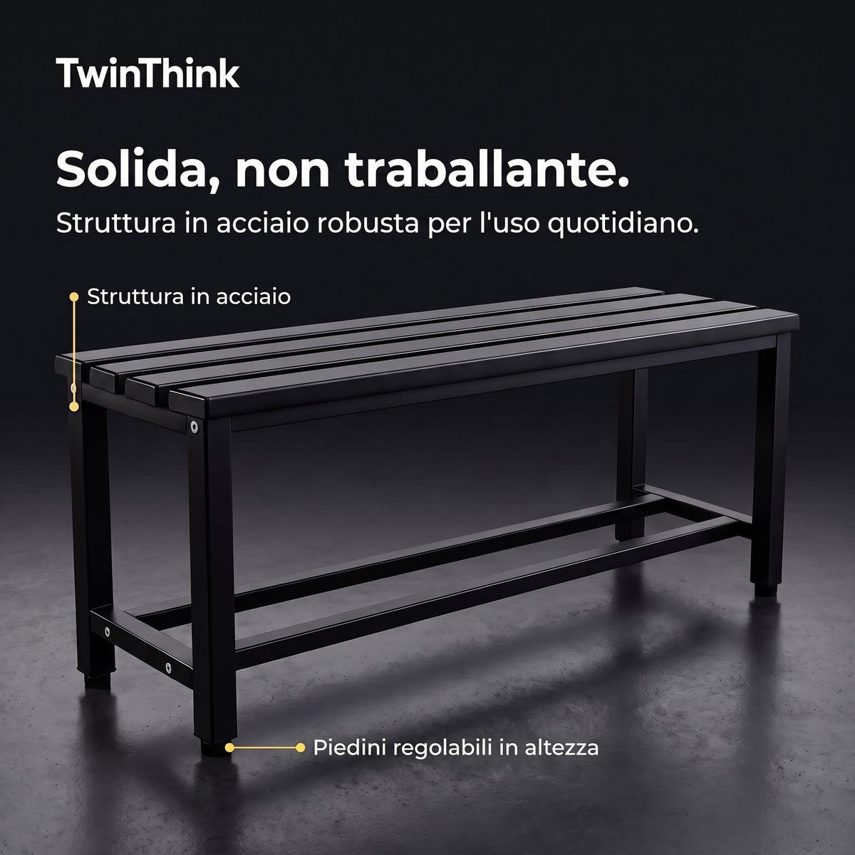 Panca da spogliatoio in metallo, 90×32×45 cm in nero Polar Black, struttura in acciaio