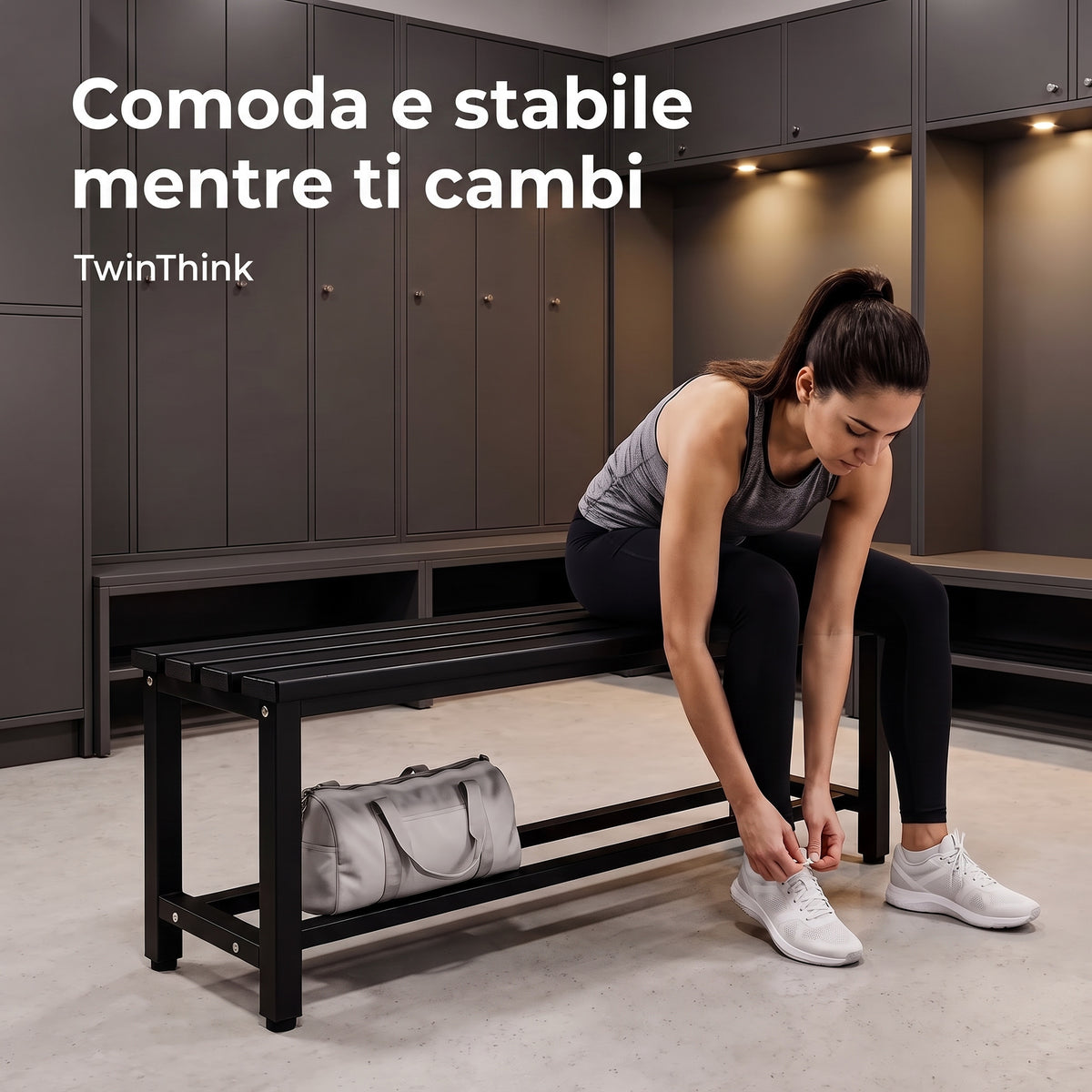 Panca da spogliatoio in metallo, 90×32×45 cm in nero Polar Black, in uno spogliatoio da palestra