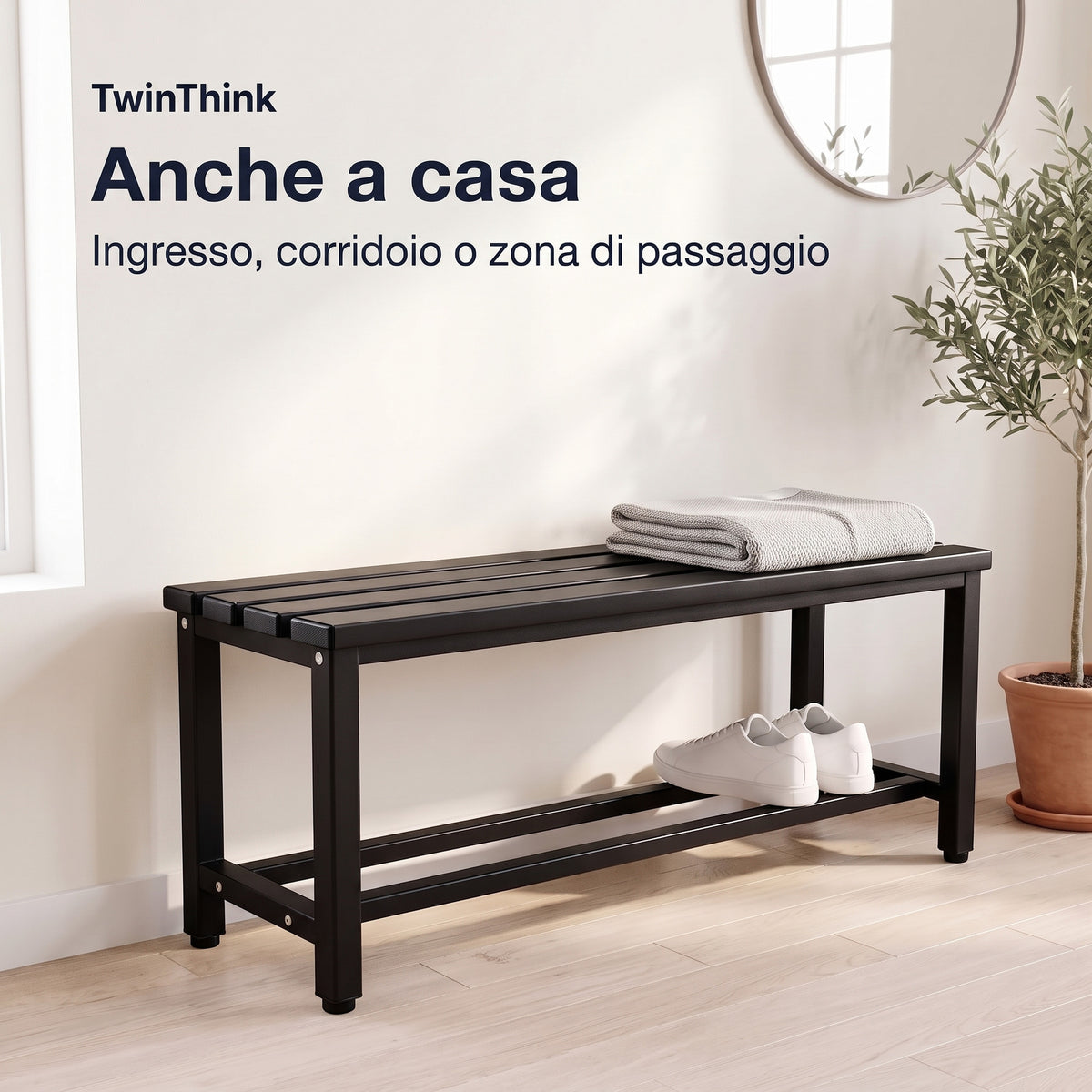 Panca da spogliatoio in metallo, 90×32×45 cm in nero Polar Black, nell'ingresso di casa