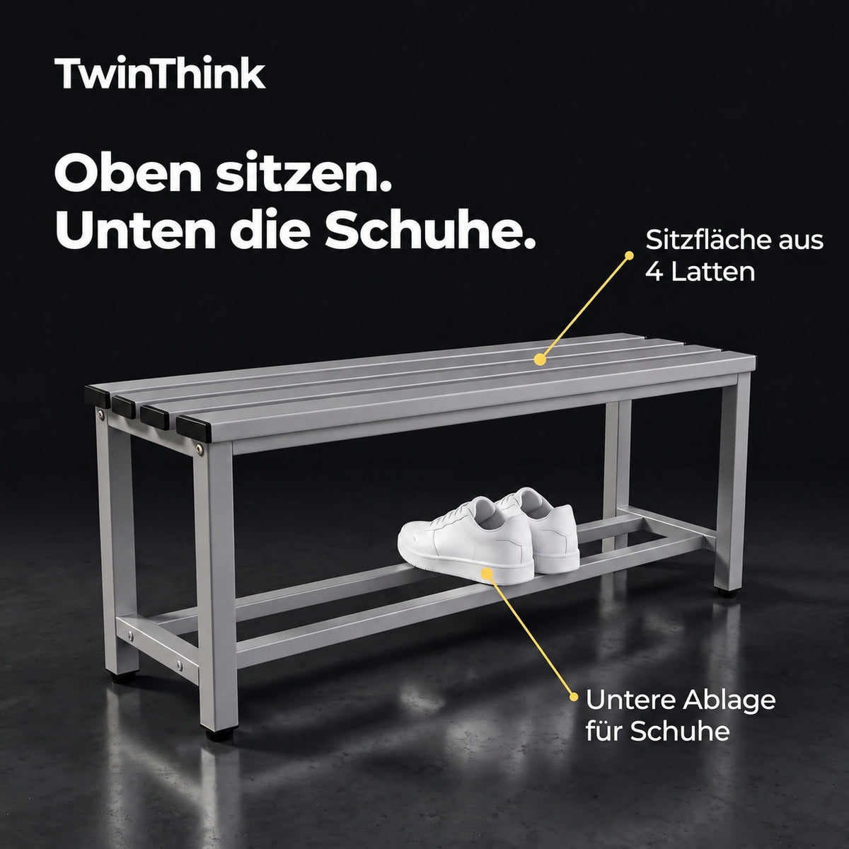 Umkleidebank aus Metall, 90×32×45 cm in Grau (Urban Grey), Sitzfläche aus 4 Latten und Ablage für Schuhe