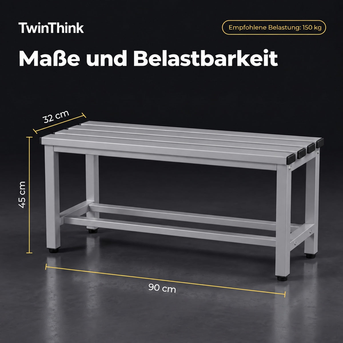 Umkleidebank aus Metall, 90×32×45 cm in Grau (Urban Grey), Maße und empfohlene Belastung