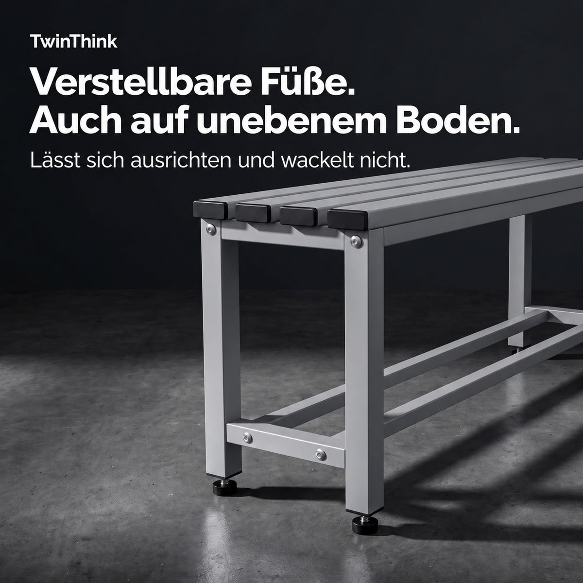 Umkleidebank aus Metall, 90×32×45 cm in Grau (Urban Grey), höhenverstellbare Füße