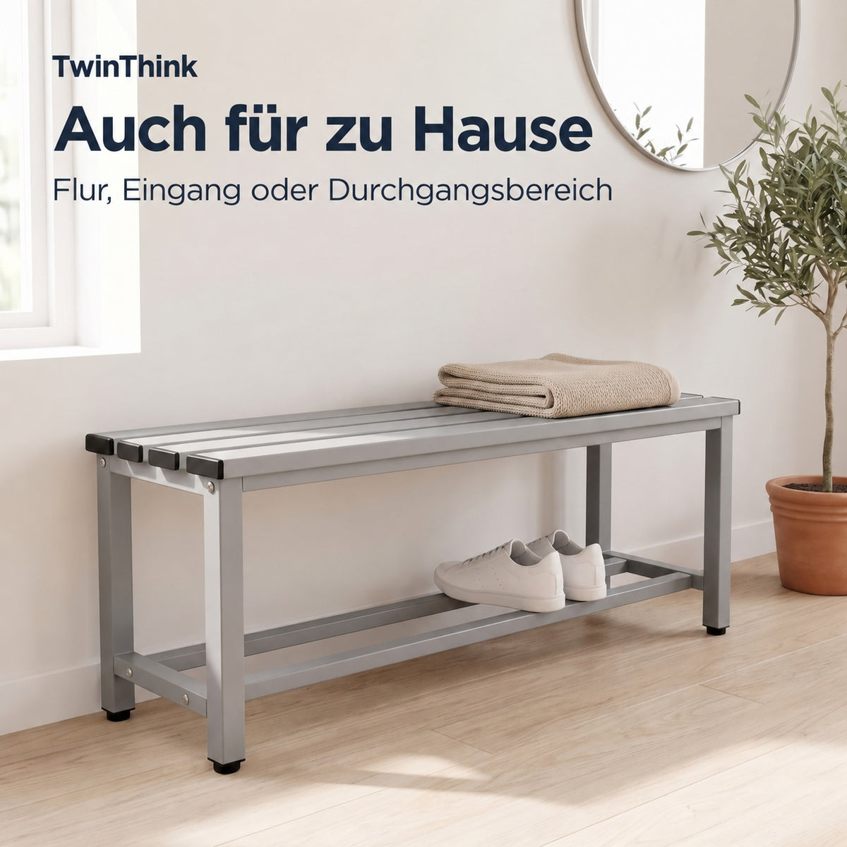 Umkleidebank aus Metall, 90×32×45 cm in Grau (Urban Grey), im Flur zu Hause