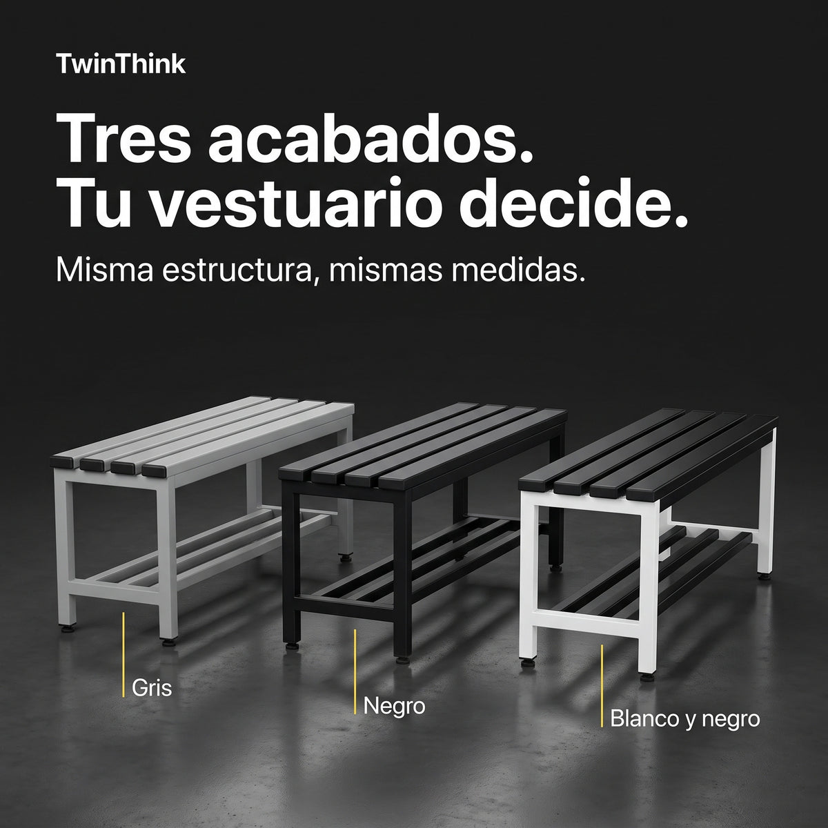 Banco vestuario metálico 90 x 32 x 45 cm en gris, los tres acabados: gris, negro y blanco y negro
