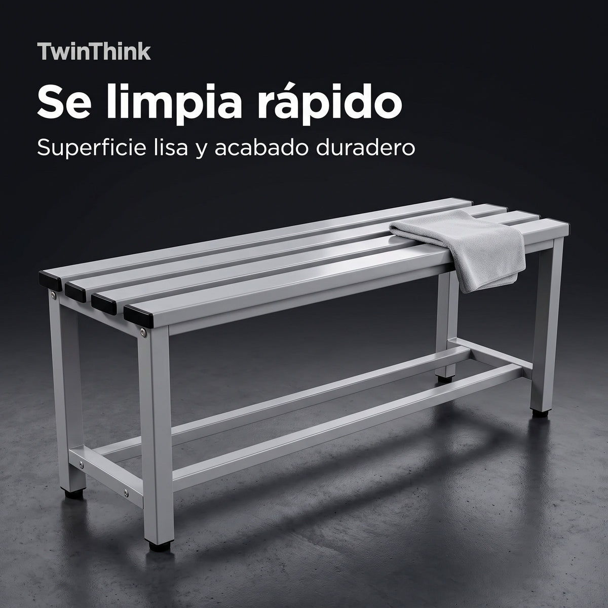 Banco vestuario metálico 90 x 32 x 45 cm en gris, superficie lisa que se limpia rápido