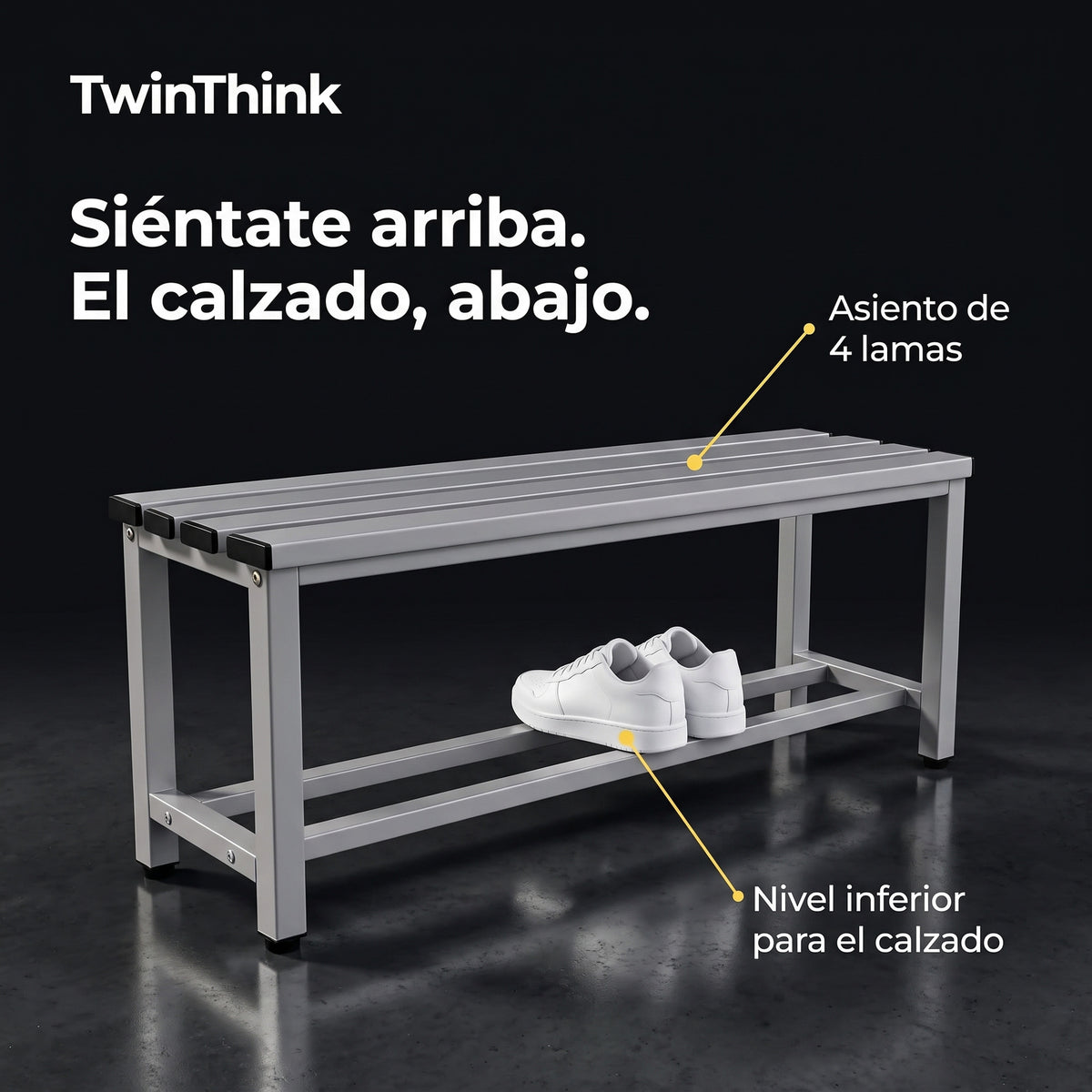 Banco vestuario metálico 90 x 32 x 45 cm en gris, asiento de 4 lamas y estante inferior para el calzado