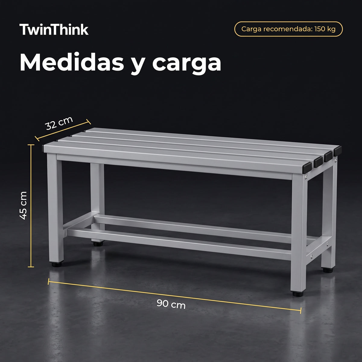 Banco vestuario metálico 90 x 32 x 45 cm en gris, medidas y carga recomendada