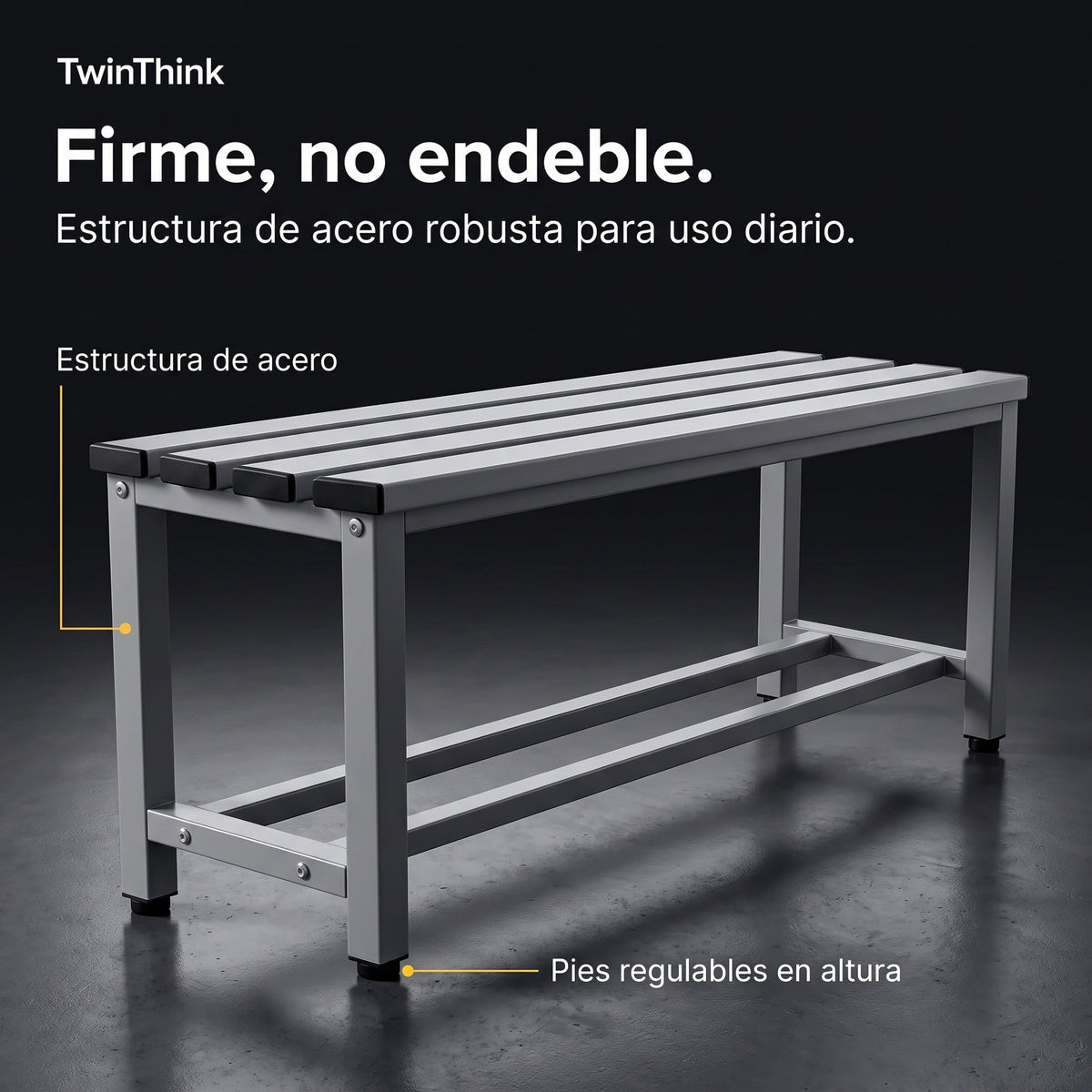 Banco vestuario metálico 90 x 32 x 45 cm en gris, estructura de acero