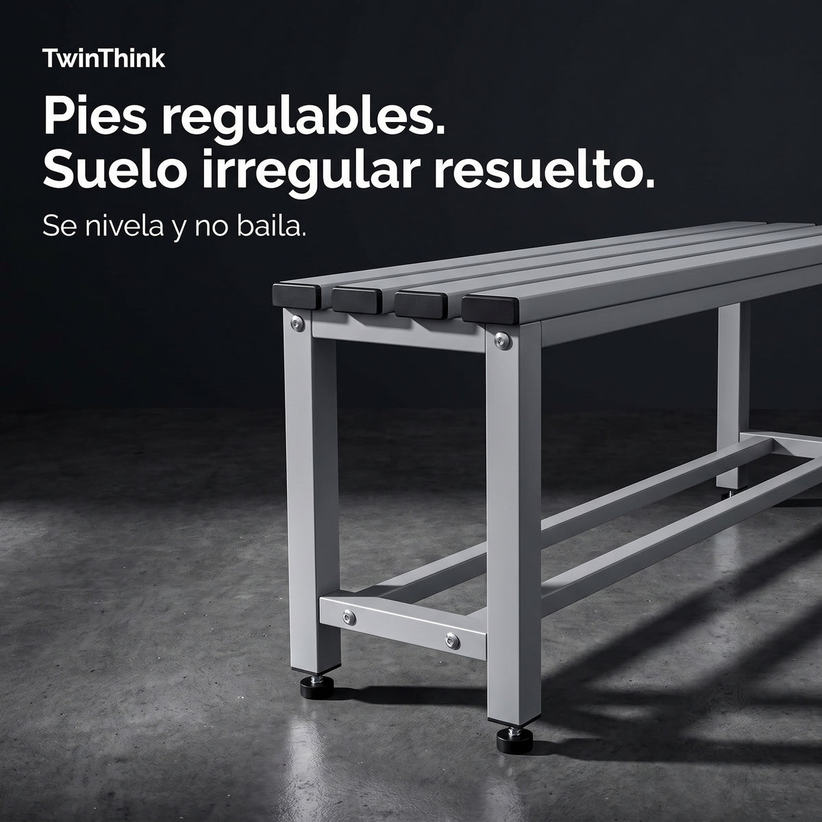 Banco vestuario metálico 90 x 32 x 45 cm en gris, pies regulables en altura