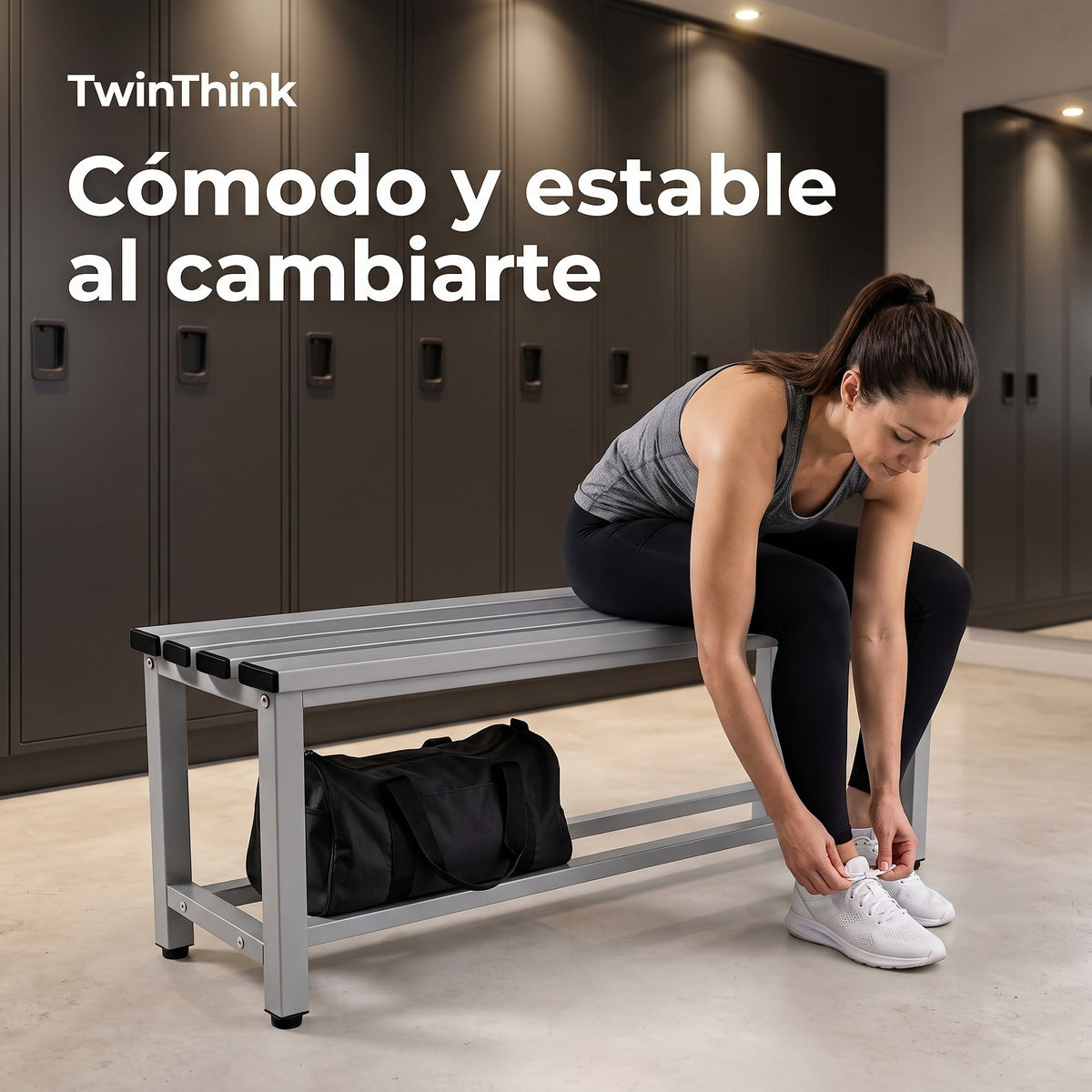 Banco vestuario metálico 90 x 32 x 45 cm en gris, en un vestuario de gimnasio