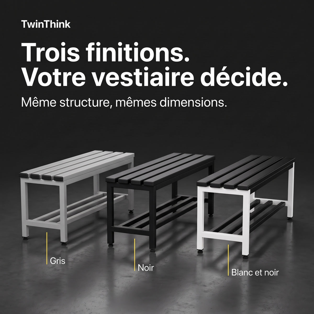Banc de vestiaire métallique, 90×32×45 cm en gris Urban Grey, les trois finitions : gris, noir, blanc et noir