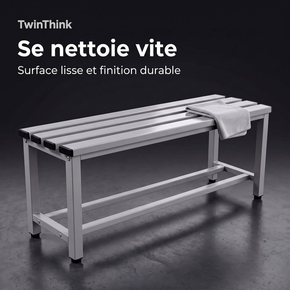 Banc de vestiaire métallique, 90×32×45 cm en gris Urban Grey, surface lisse qui se nettoie vite