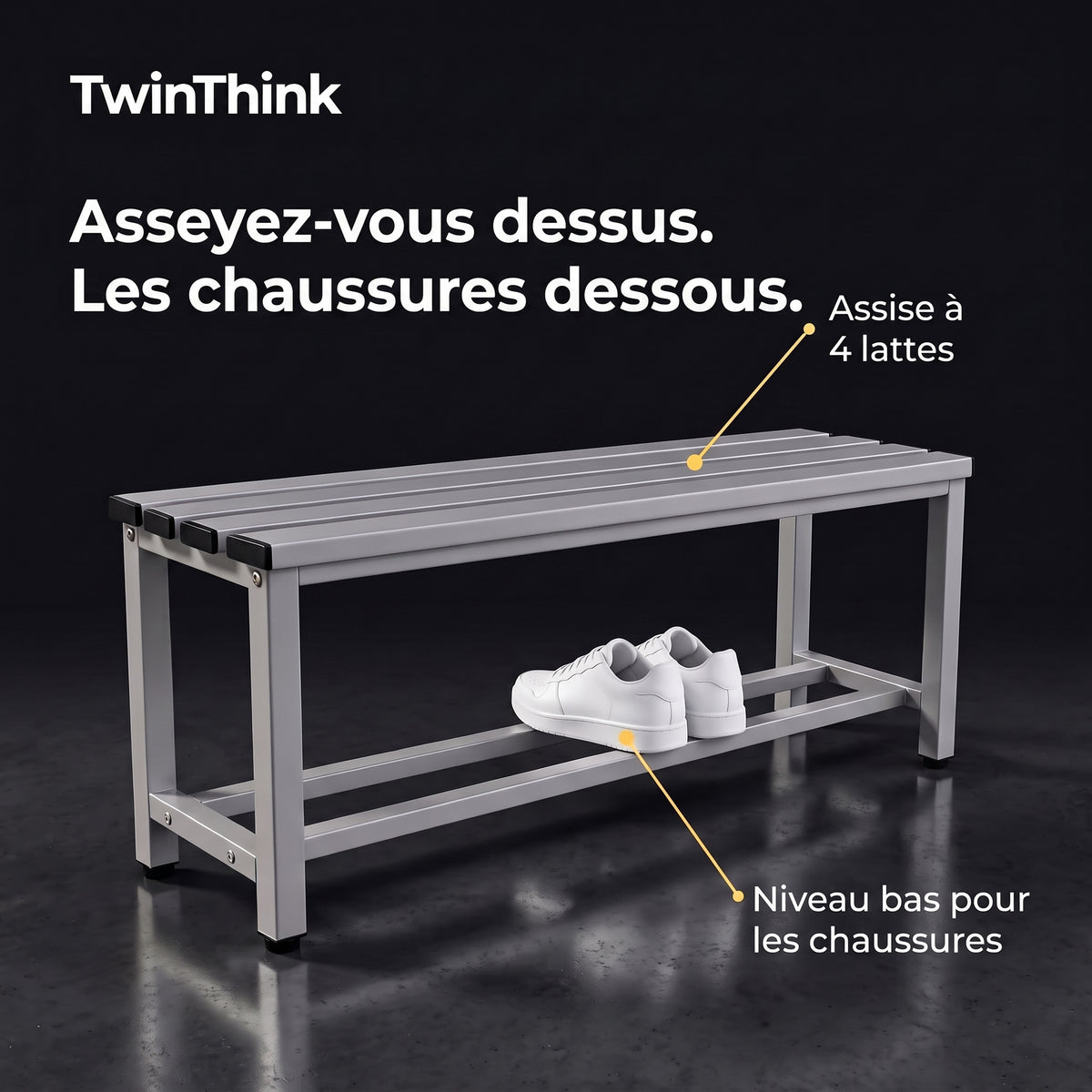 Banc de vestiaire métallique, 90×32×45 cm en gris Urban Grey, assise à 4 lattes et niveau bas pour les chaussures