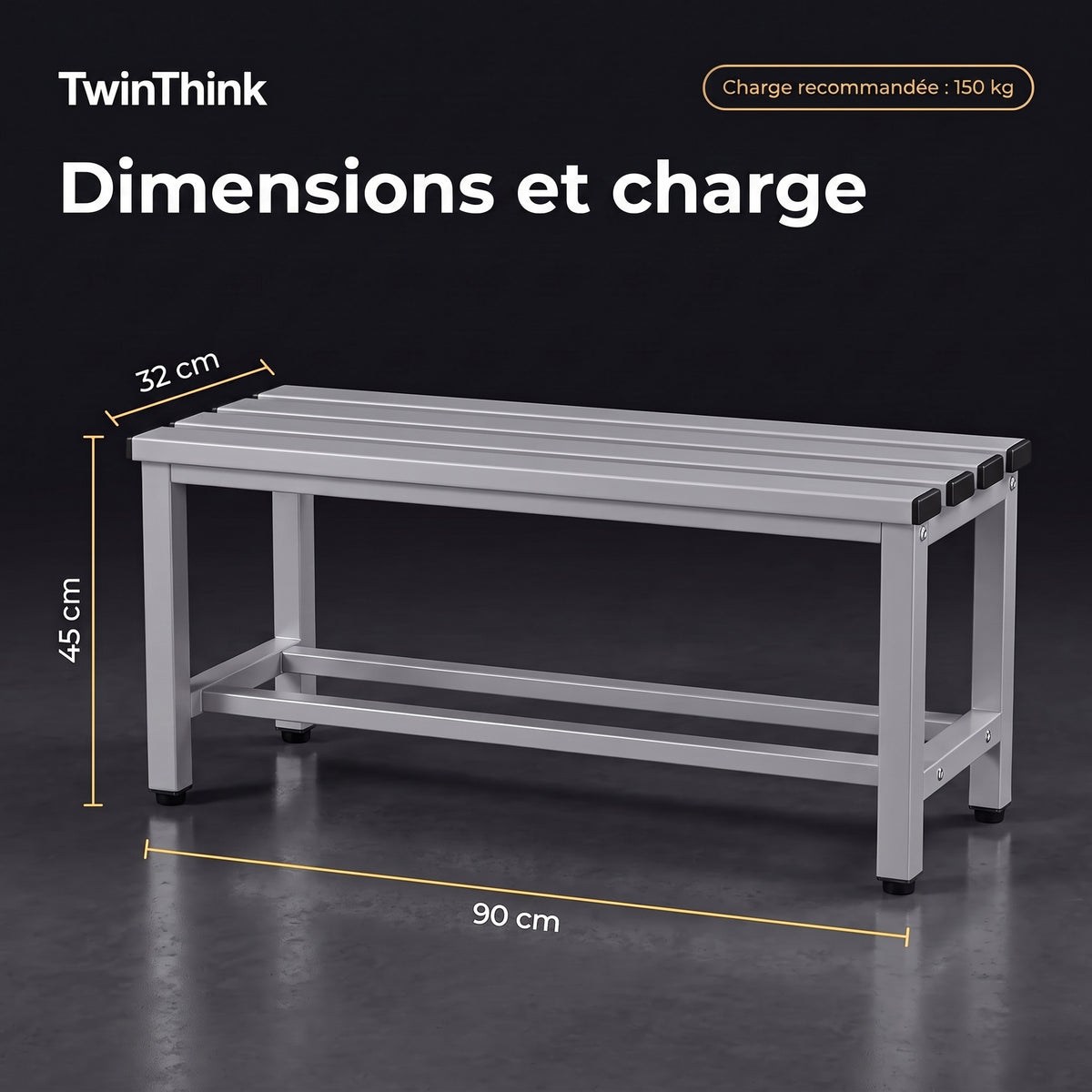 Banc de vestiaire métallique, 90×32×45 cm en gris Urban Grey, dimensions et charge recommandée