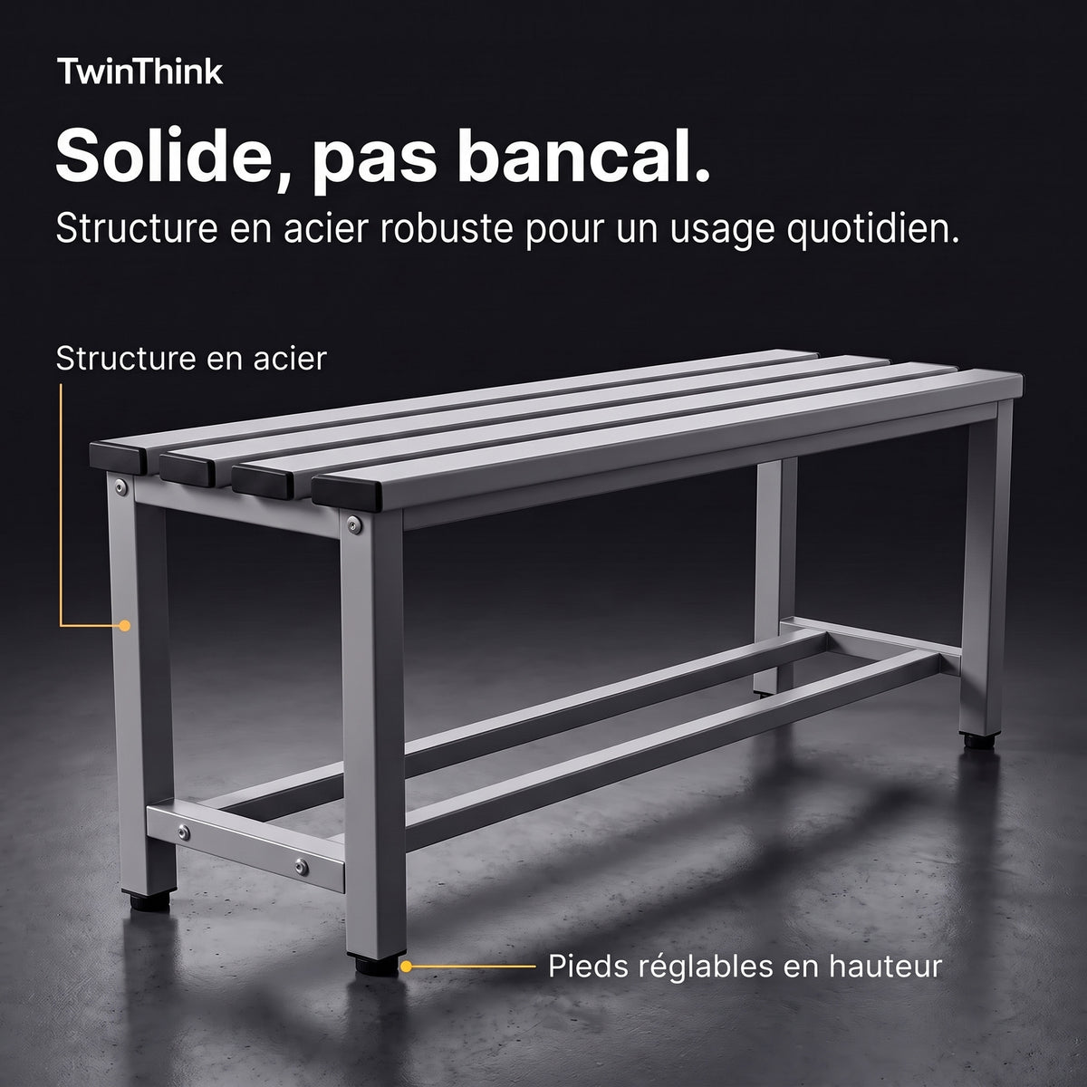Banc de vestiaire métallique, 90×32×45 cm en gris Urban Grey, structure en acier