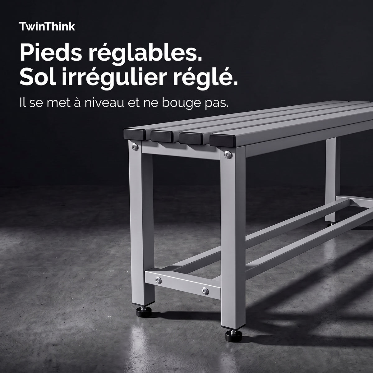 Banc de vestiaire métallique, 90×32×45 cm en gris Urban Grey, pieds réglables en hauteur