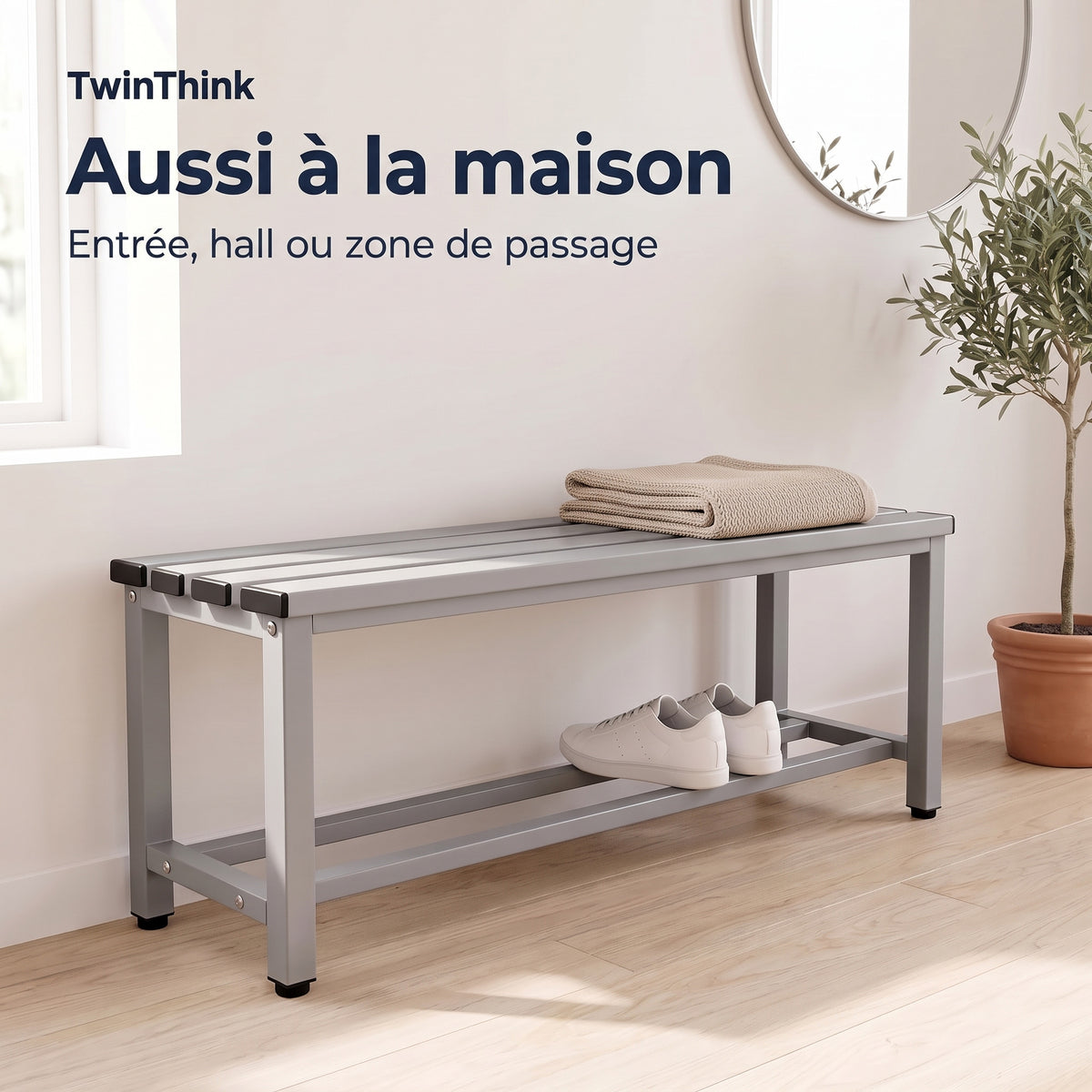 Banc de vestiaire métallique, 90×32×45 cm en gris Urban Grey, dans l'entrée d'une maison