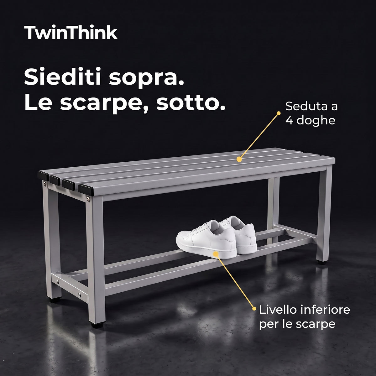 Panca da spogliatoio in metallo, 90×32×45 cm in grigio Urban Grey, seduta a 4 doghe e ripiano inferiore per le scarpe