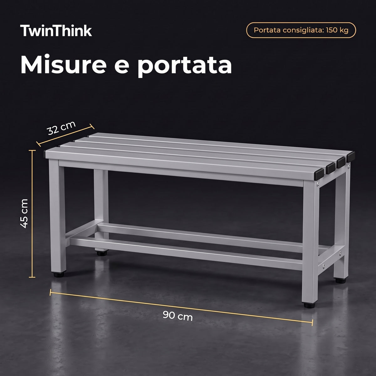 Panca da spogliatoio in metallo, 90×32×45 cm in grigio Urban Grey, misure e portata consigliata