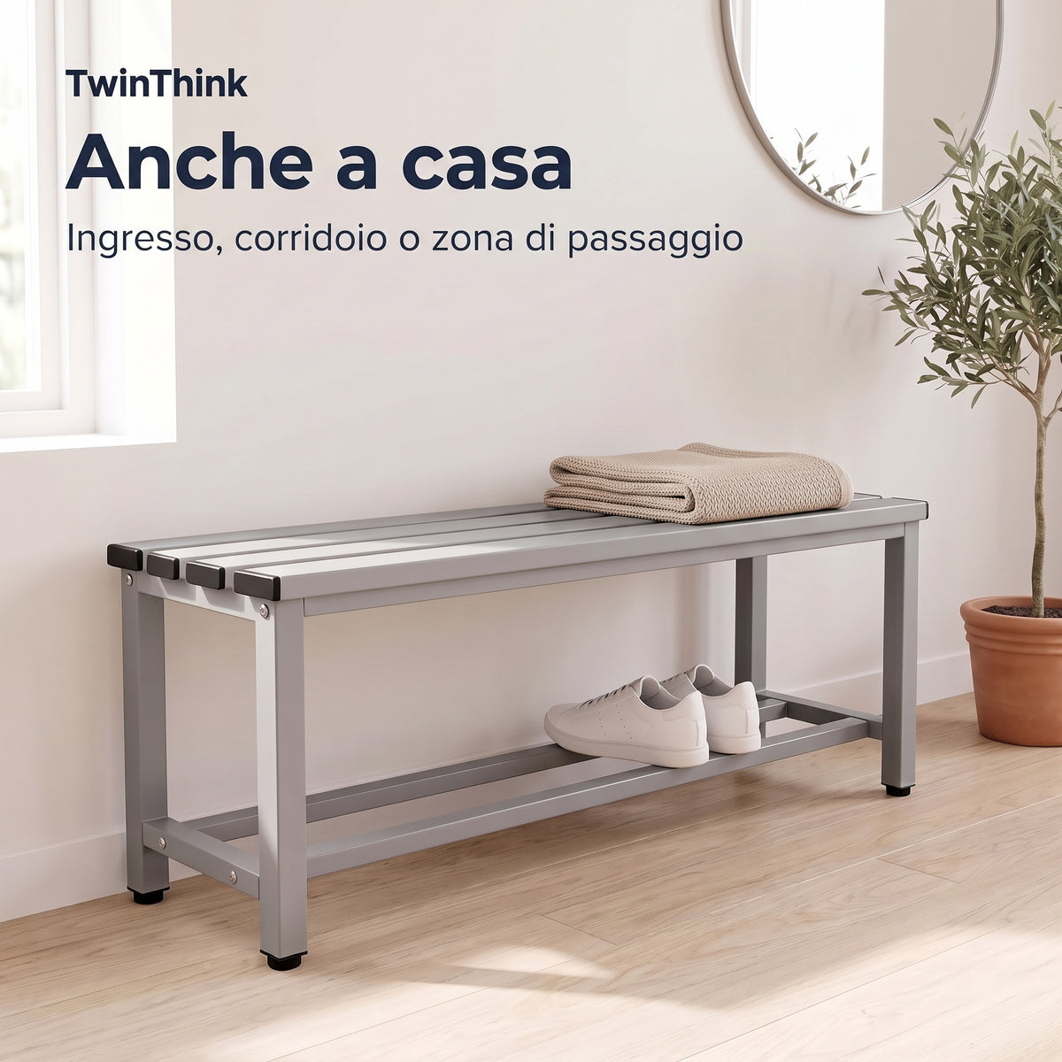 Panca da spogliatoio in metallo, 90×32×45 cm in grigio Urban Grey, nell'ingresso di casa