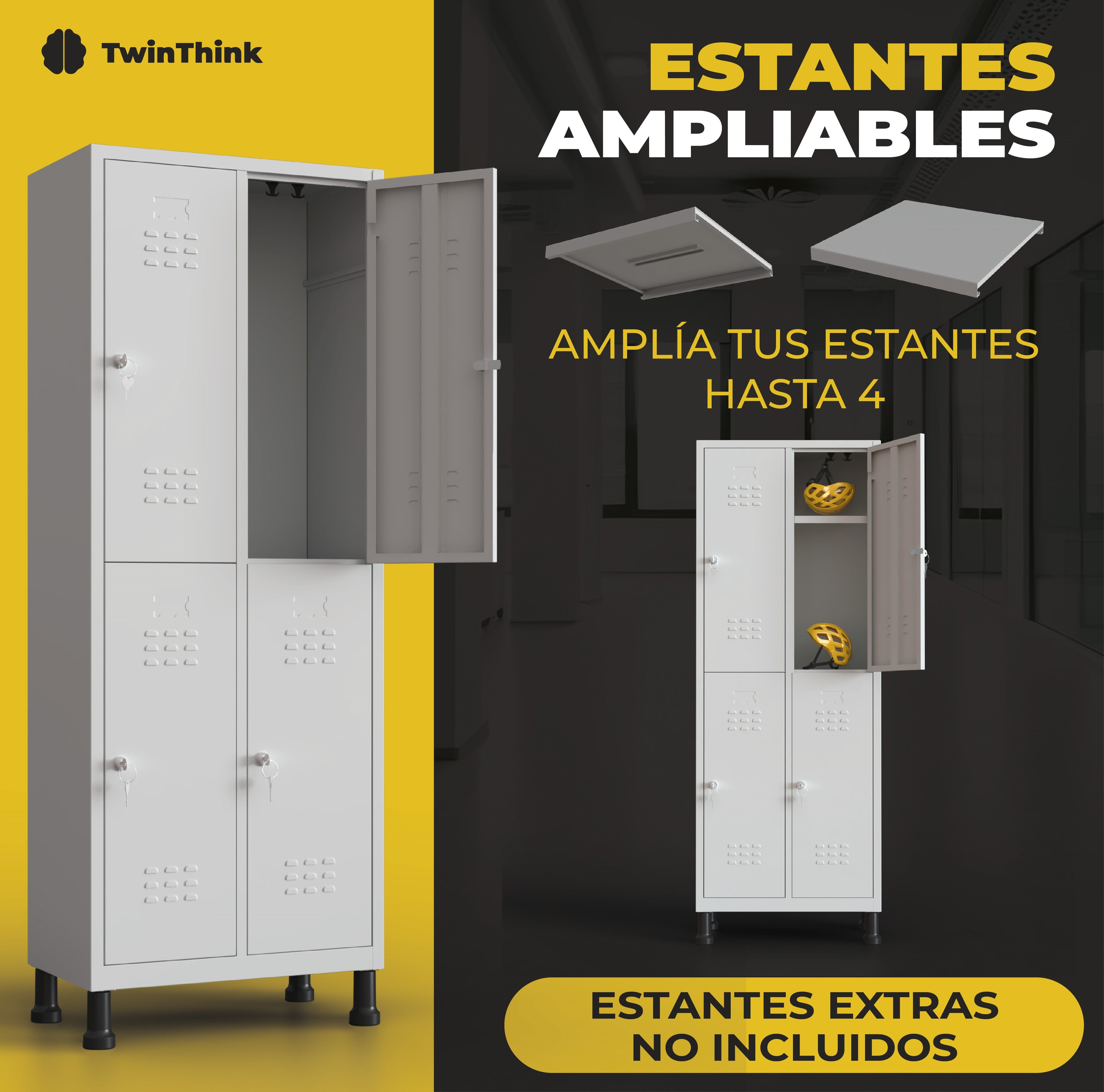 Banner TwinThink mostrando taquilla metálica de 4 puertas con opción de ampliar estantes hasta 4 niveles. Texto: Estantes extras no incluidos.