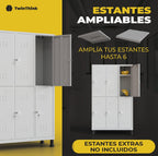 Banner TwinThink mostrando taquilla metálica de 6 puertas con opción de ampliar estantes hasta 6 niveles. Texto: Estantes extras no incluidos.