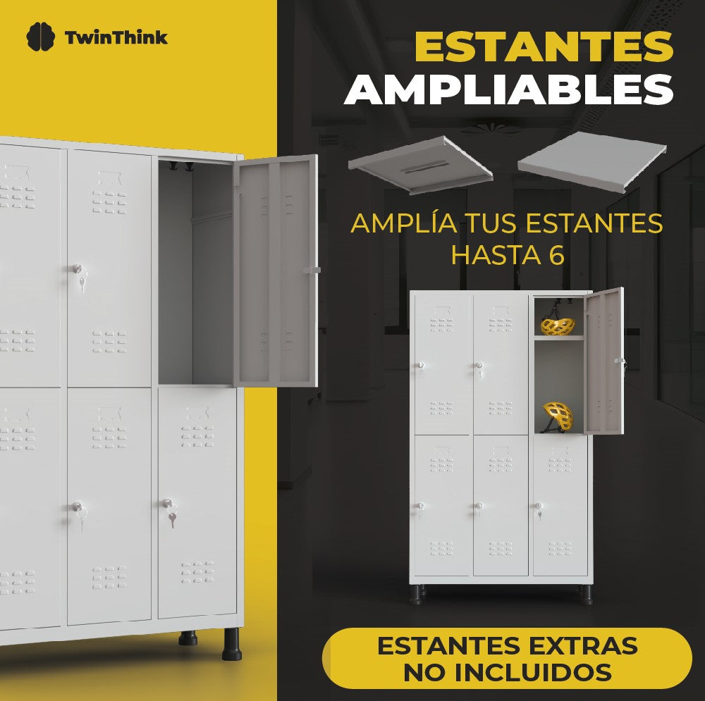 Banner TwinThink mostrando taquilla metálica de 6 puertas con opción de ampliar estantes hasta 6 niveles. Texto: Estantes extras no incluidos.