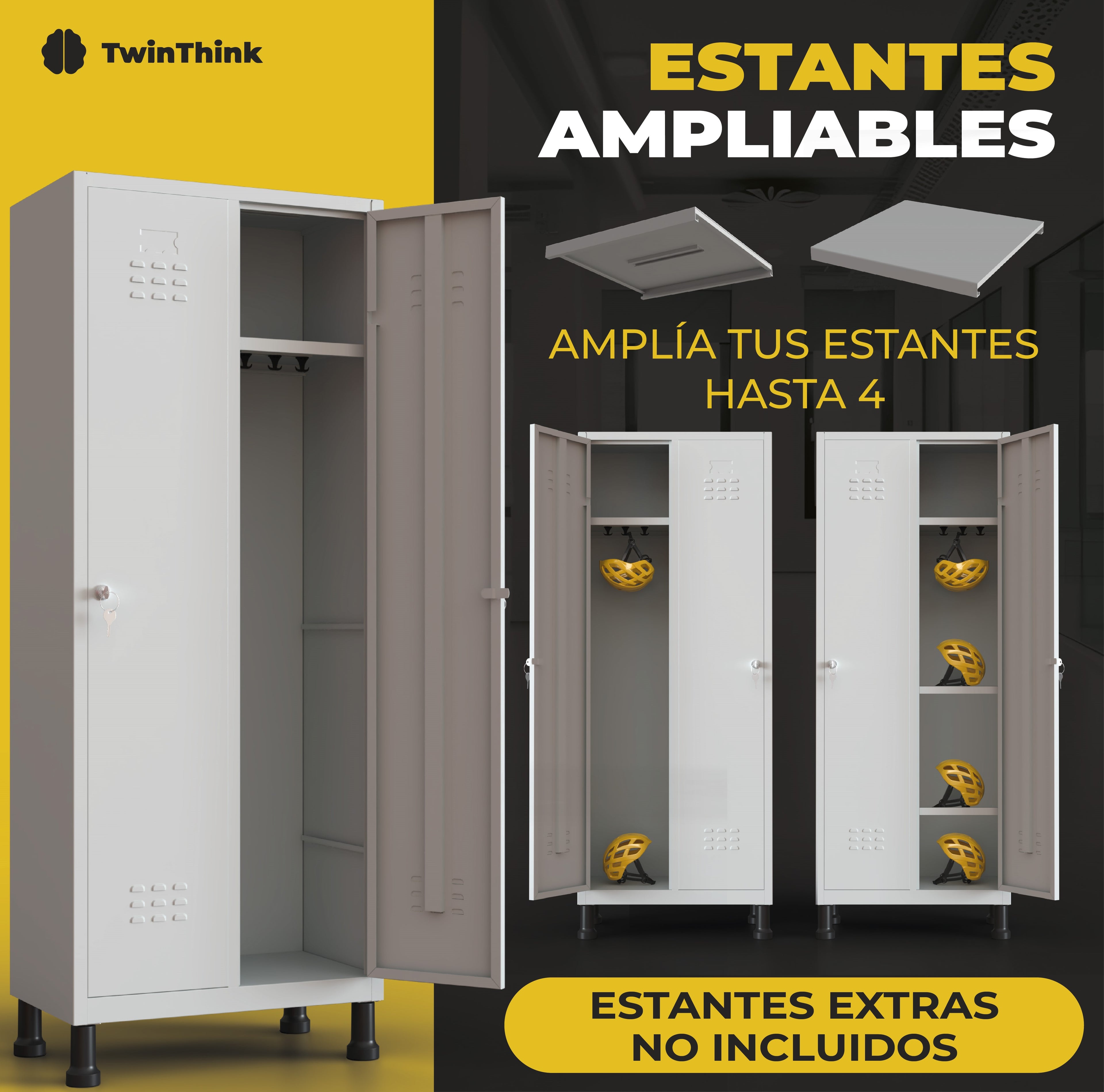 Banner promocional TwinThink mostrando taquillas metálicas con opción de estantes ampliables hasta 4 niveles. Texto: Estantes extras no incluidos.