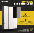 Montaje sin tornillos de taquilla metálica TwinThink, incluye instrucciones y posibilidad de anclaje a la pared.