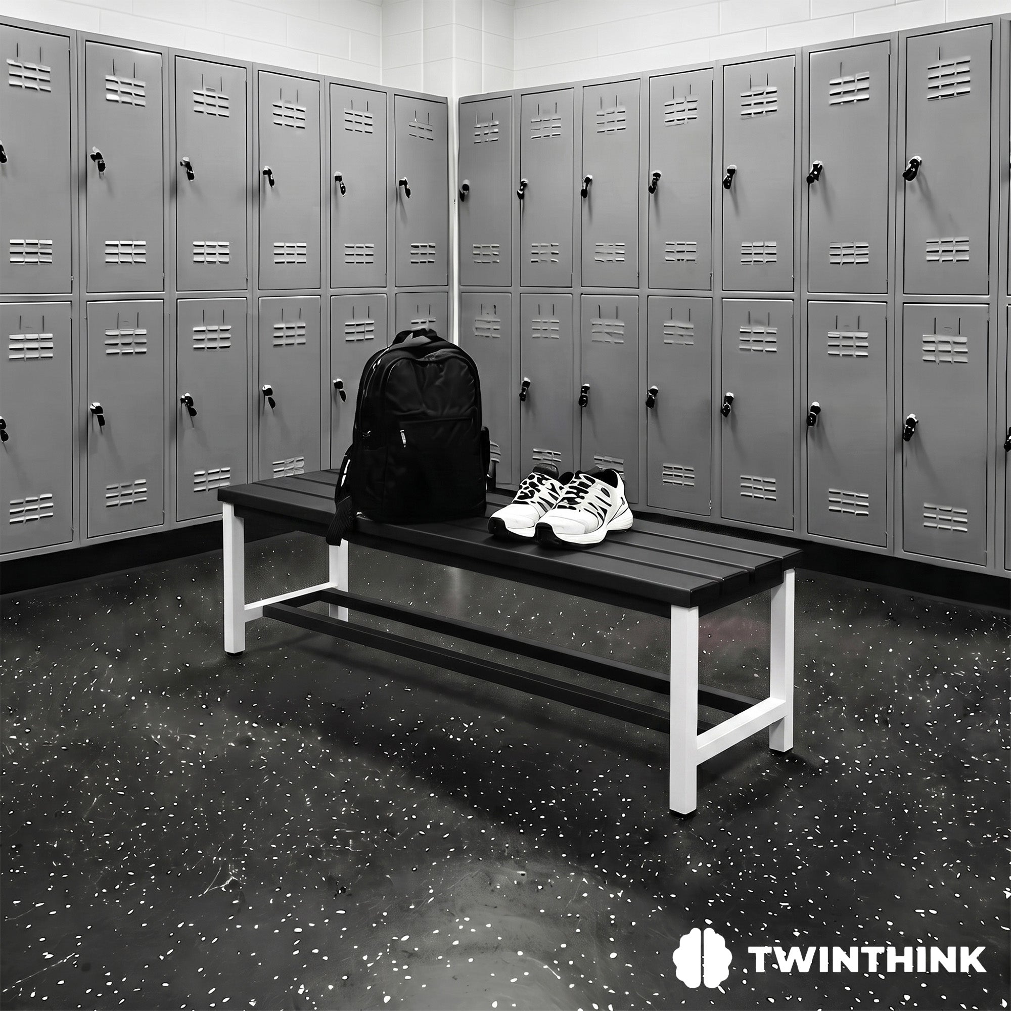 TwinThink Banco Vestuario Metálico para Gimnasio y Escuelas. Color Blanco y negro. 90 x 32 x 45 cm - imagen 2
