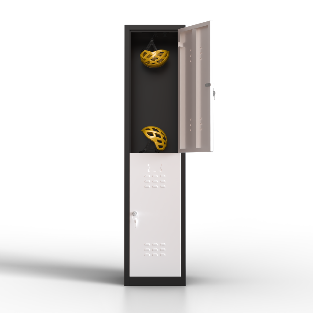 Taquilla metálica blanca de 1 puerta TwinThink abierta, con perchero interior y compartimiento inferior para almacenamiento.
