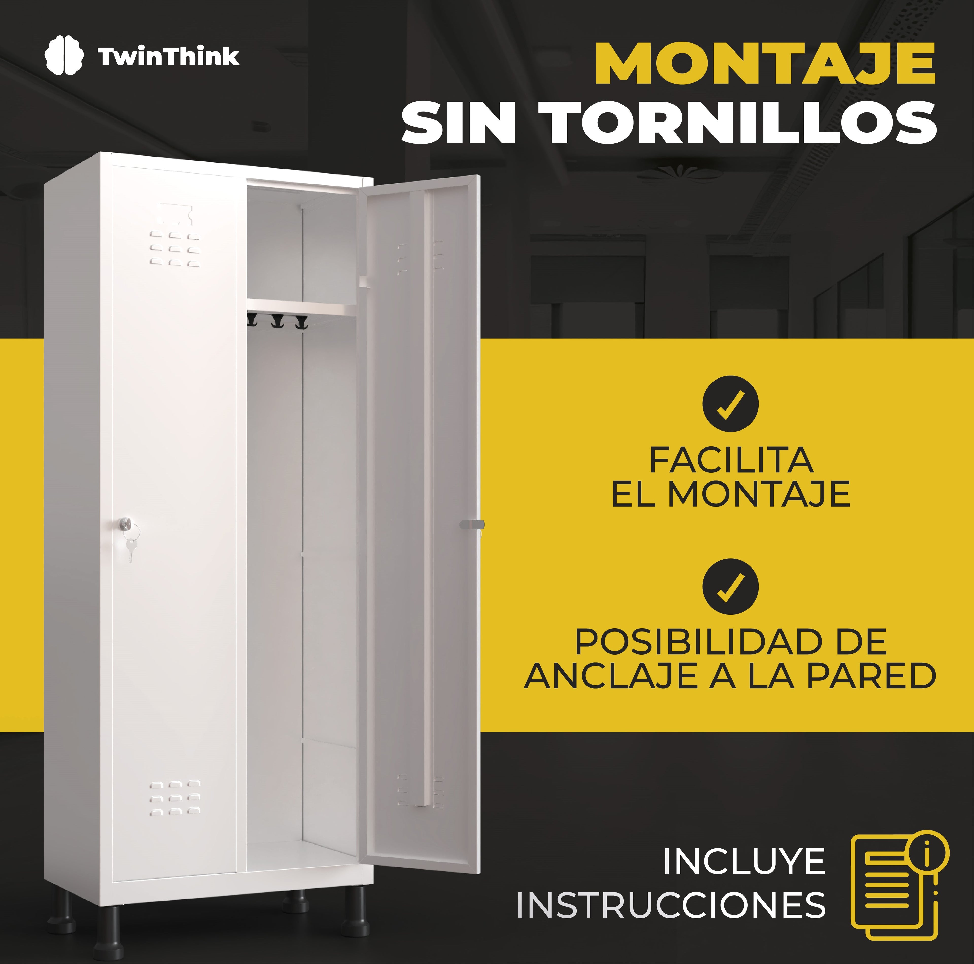Taquilla metálica de 2 puertas TwinThink con sistema de montaje sin tornillos, fácil instalación y opción de anclaje a la pared, incluye instrucciones.