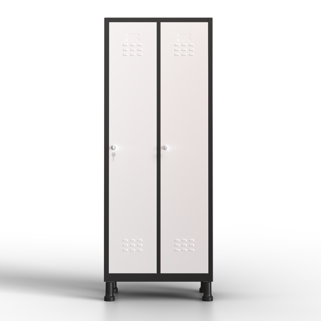 Taquilla metálica de 2 puertas TwinThink en color blanco, con cerradura de seguridad y llaves incluidas, ideal para oficinas, colegios, gimnasios y uso industrial.