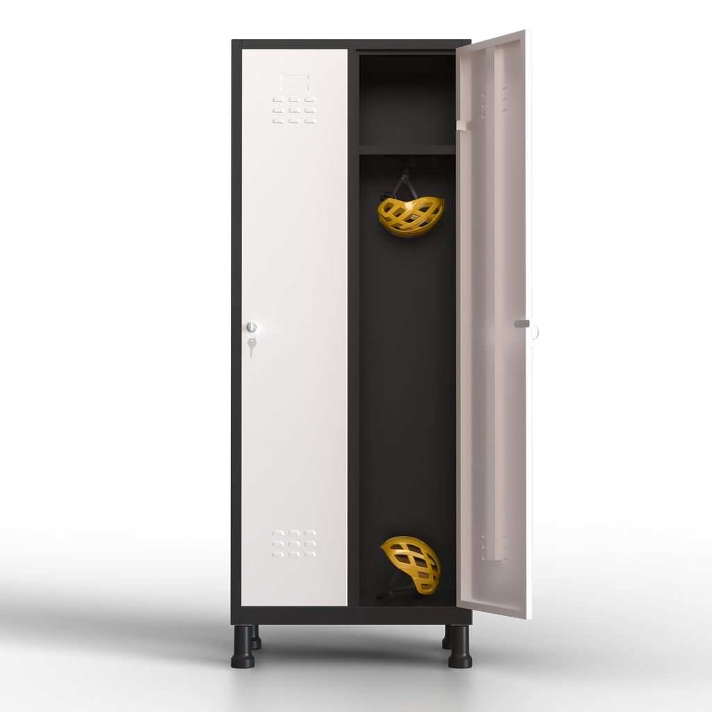 Taquilla metálica de 2 puertas TwinThink con compartimento amplio, cerradura de seguridad y llaves incluidas. Ideal para guardar cascos, mochilas y objetos personales en oficinas, colegios, gimnasios e industrias.