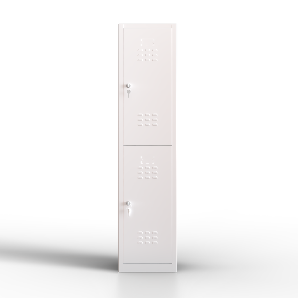 Taquilla metálica blanca de 2 puertas TwinThink, vista frontal con fondo transparente para catálogos y marketplaces.