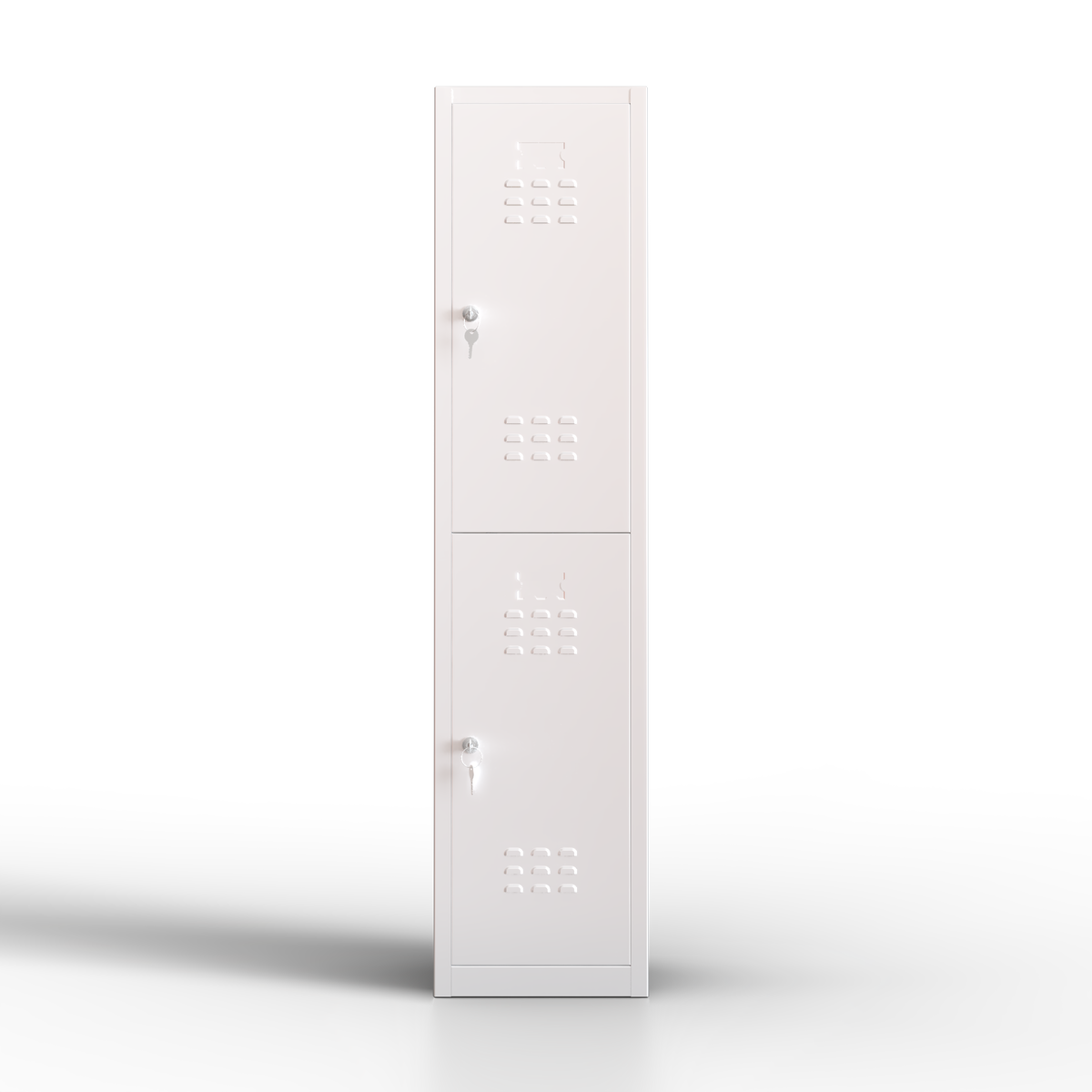 Taquilla metálica blanca de 2 puertas TwinThink, vista frontal con fondo transparente para catálogos y marketplaces.