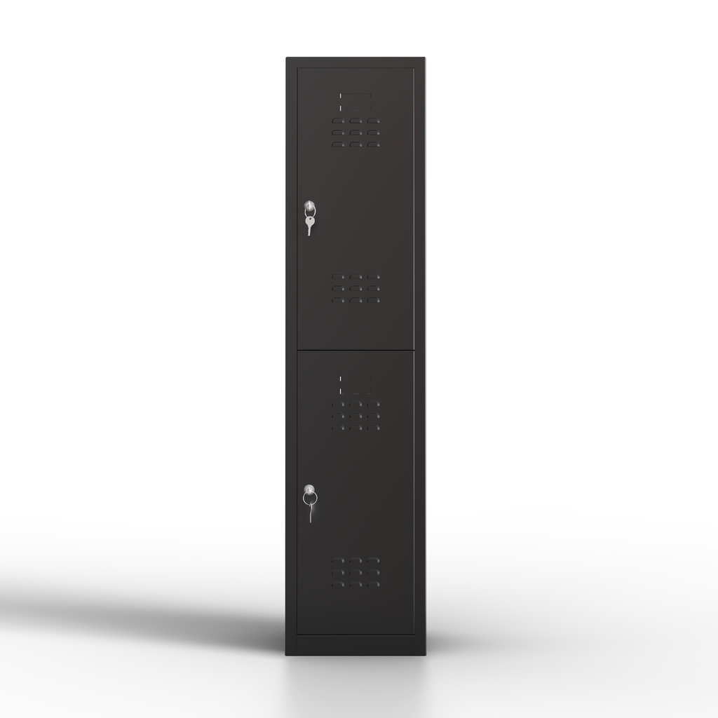 Vista frontal de taquilla metálica negra de 2 puertas TwinThink con cerradura y ventilación.