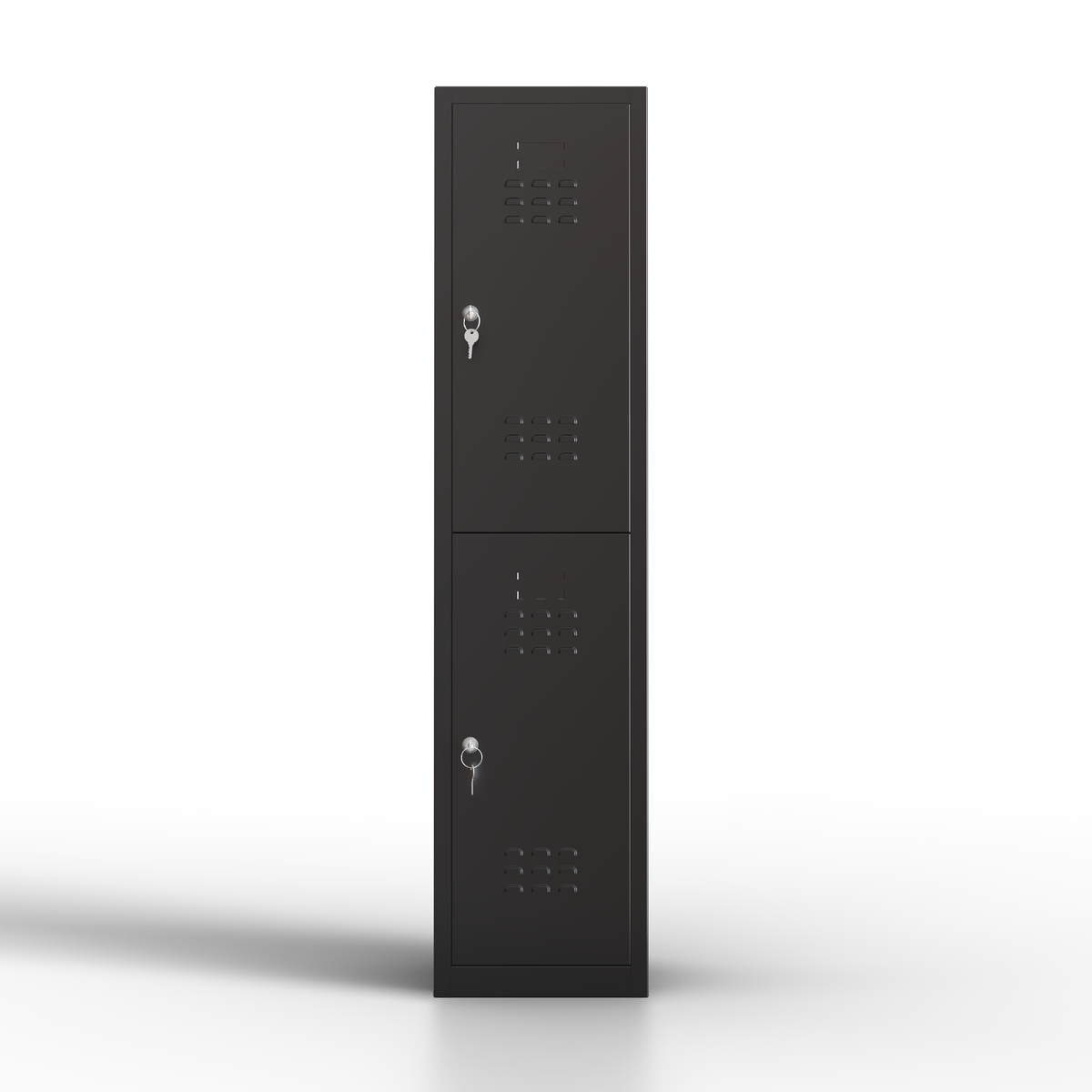 Vista frontal de taquilla metálica negra de 2 puertas TwinThink con cerradura y ventilación.