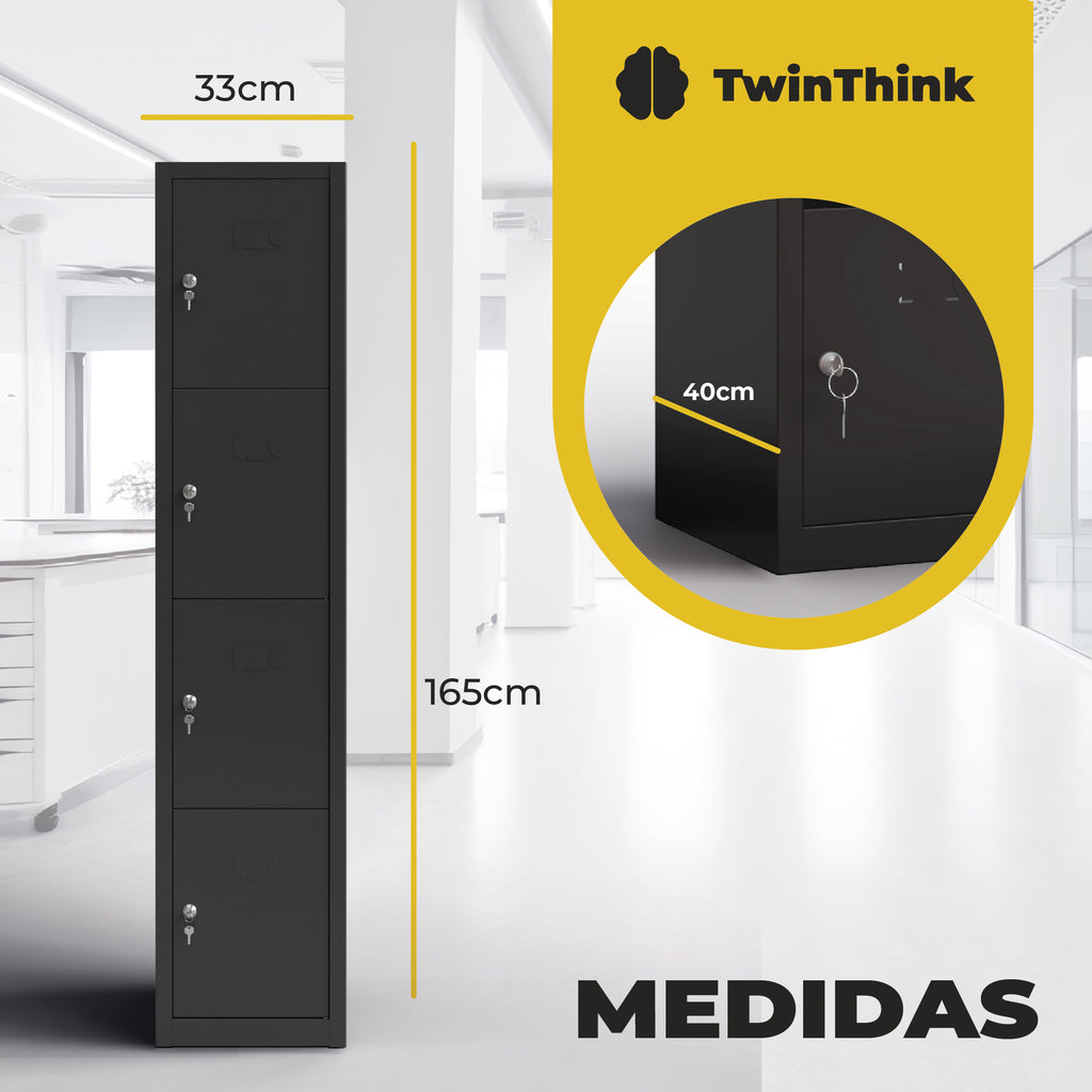 Taquilla metálica negra 3 puertas TwinThink con medidas 165 cm alto, 40 cm fondo y 33 cm ancho por puerta
