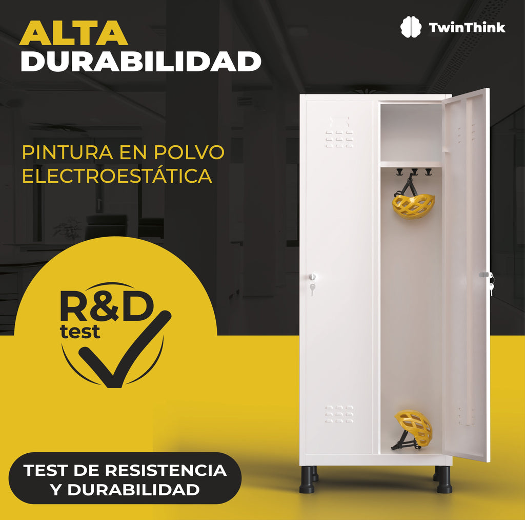 Taquilla metálica de 4 puertas TwinThink con pintura en polvo electrostática, sometida a test de resistencia y durabilidad para máxima protección.