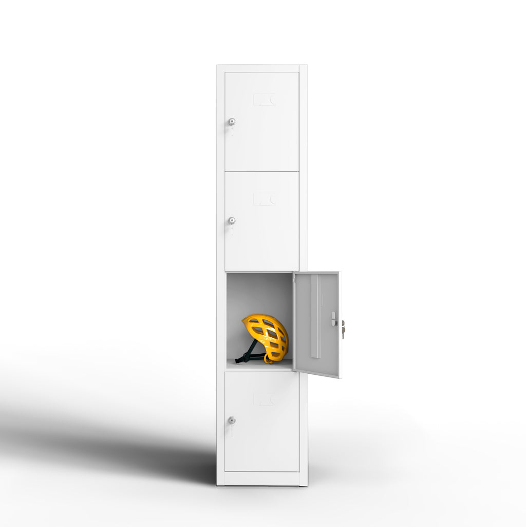 Taquilla metálica blanca 4 puertas TwinThink vista frontal con puerta abierta y cerradura doble llave
