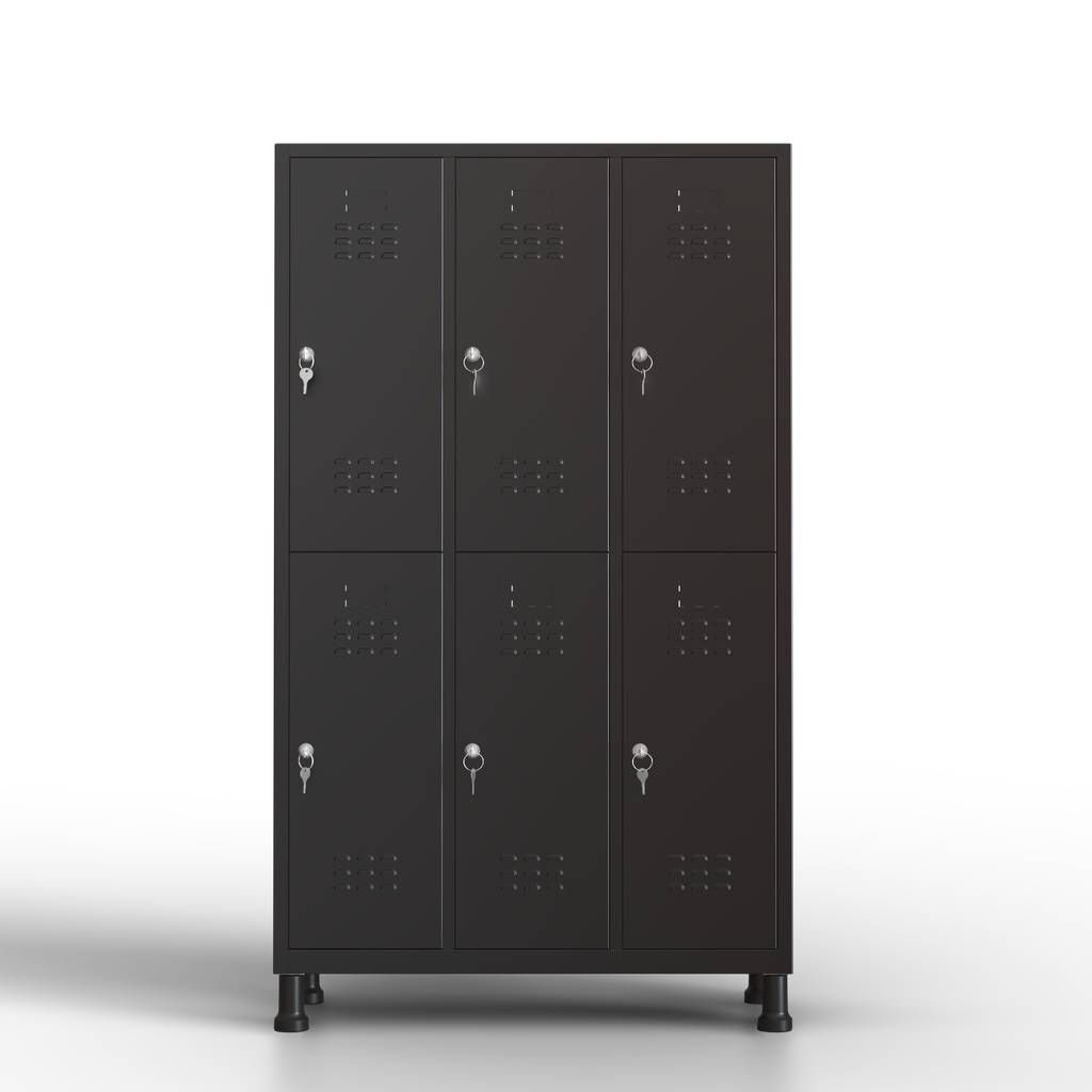 Taquilla metálica TwinThink de 6 puertas gris con llaves, montaje sin tornillos, incluye instrucciones y opción de anclaje a la pared.
