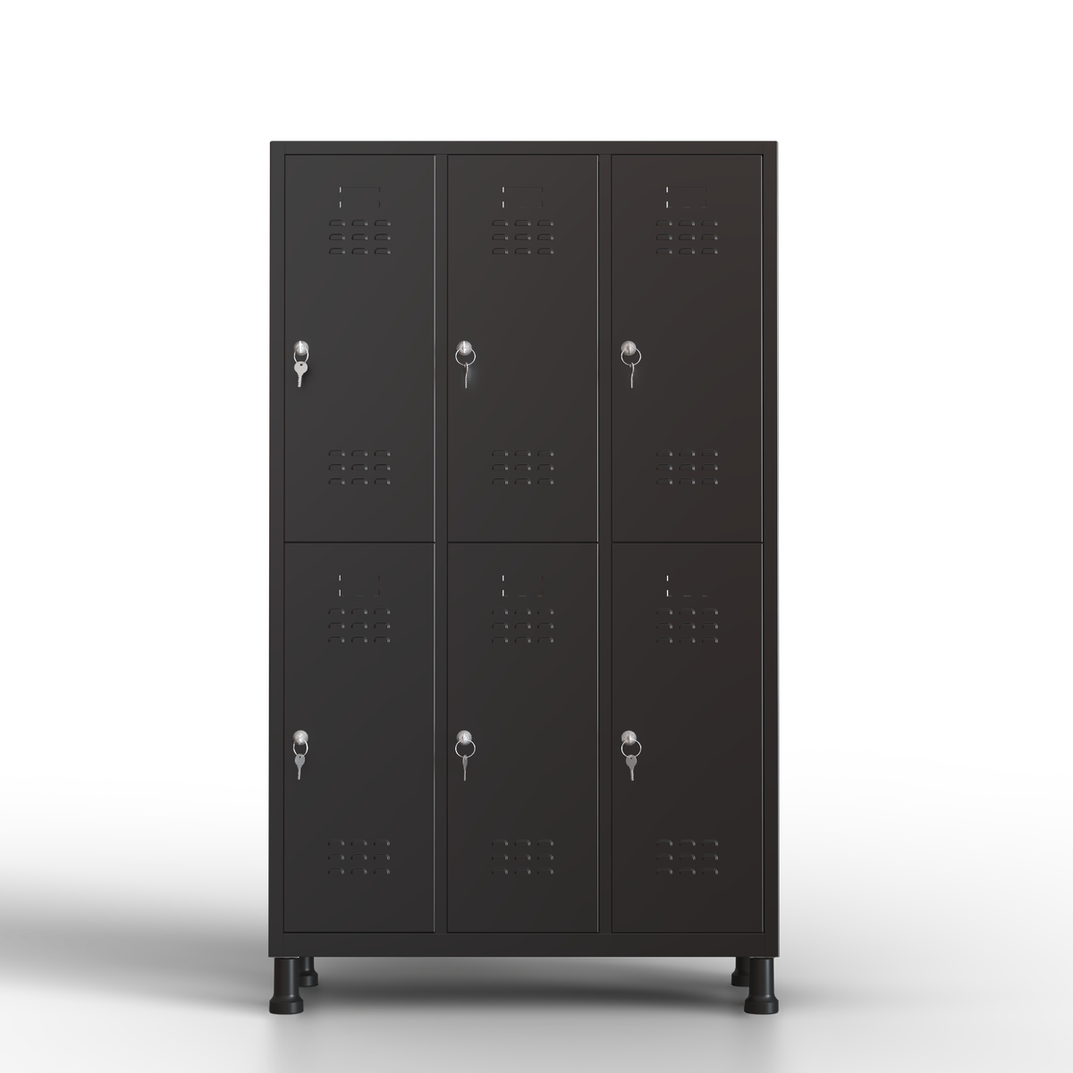 Taquilla metálica TwinThink de 6 puertas gris con llaves, montaje sin tornillos, incluye instrucciones y opción de anclaje a la pared.