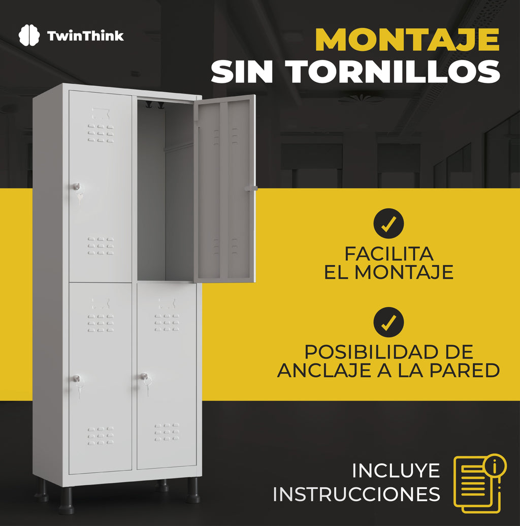 Taquilla metálica blanca TwinThink de 8 puertas con sistema de montaje sin tornillos y opción de anclaje a la pared, incluye instrucciones.