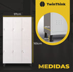 Medidas de taquilla metálica grande de 12 puertas TwinThink, dimensiones 97 cm de ancho, 40 cm de fondo y 165 cm de alto.